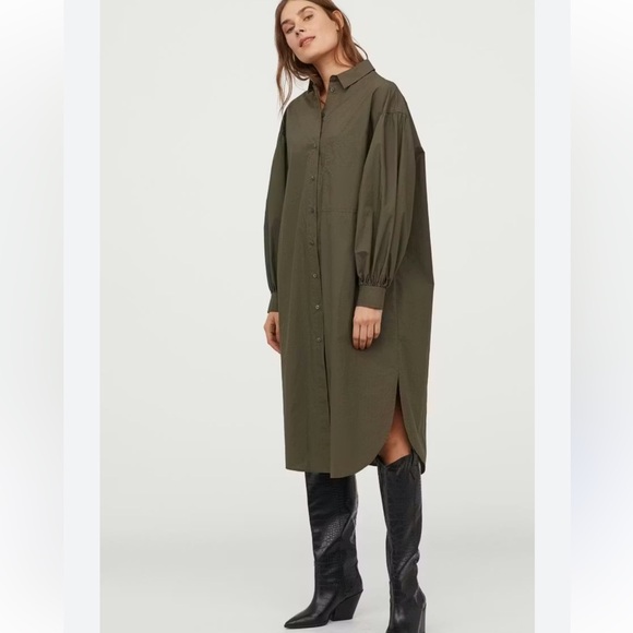 H&M Olive Green Shirt Dress, puff sleeve, size XL - Picture 1 of 12
